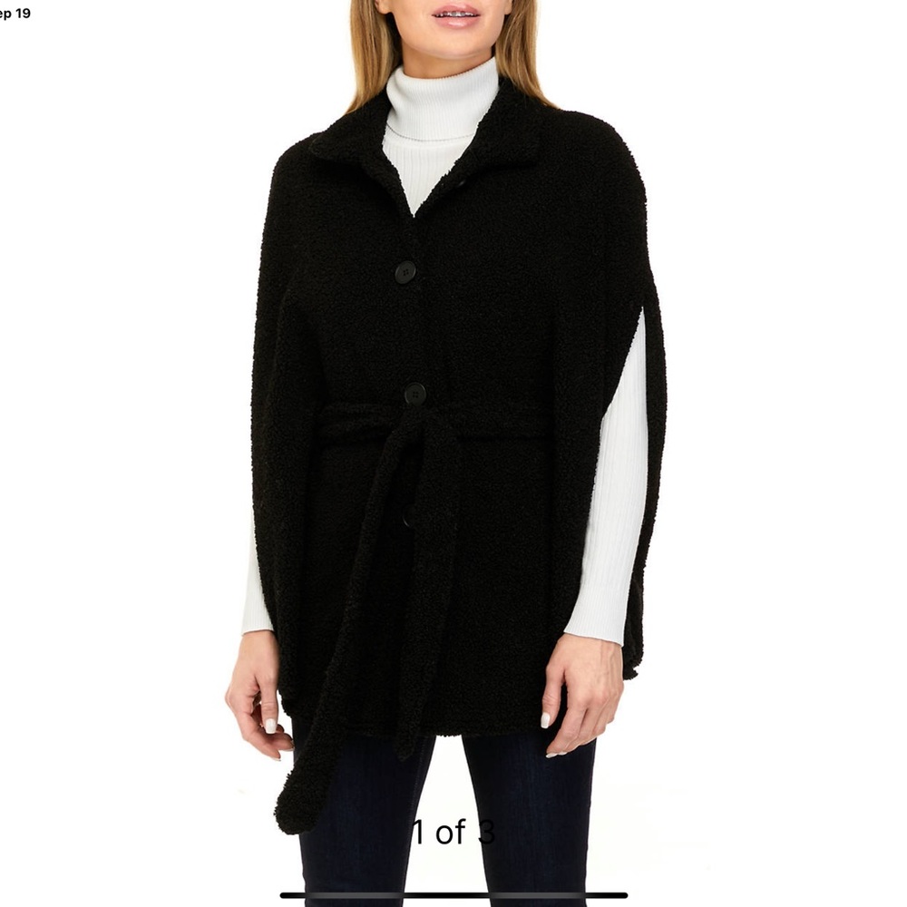 Wonderly Black Belted Sherpa Faux Fur Cape Topper OSFM